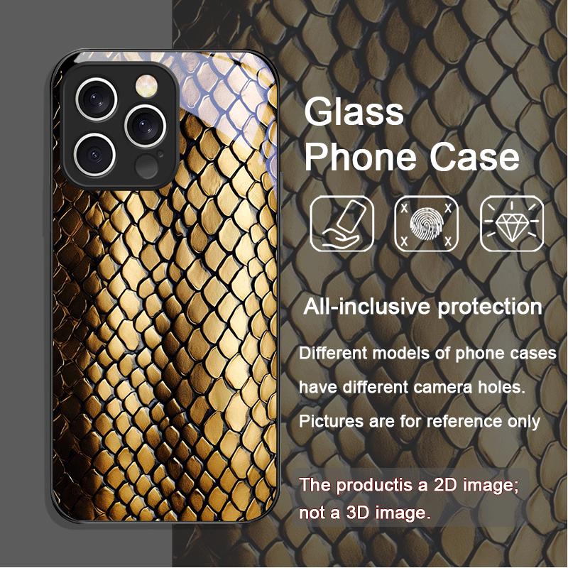 Art Black Golden Scale Texture Printed Pattern Tempered Glass Phone Case for iPhone 17 16 Pro Max 15 13 12 Mini 11 14 Plus Cover