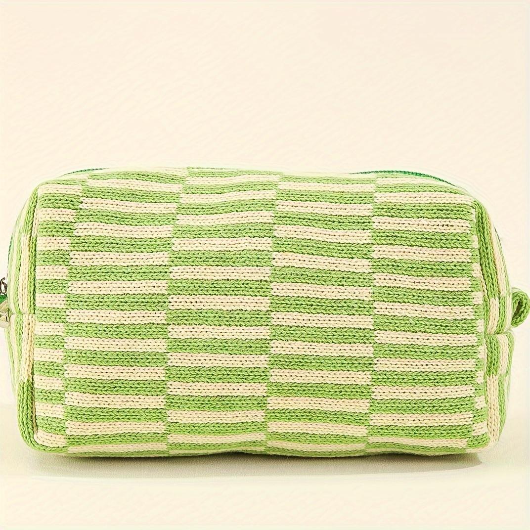 Large Capacity Striped Plaid Makeup Bag, Durable Polyester with Lace Trim, Toiletry Cosmetic Organizer for Brushes зелёный