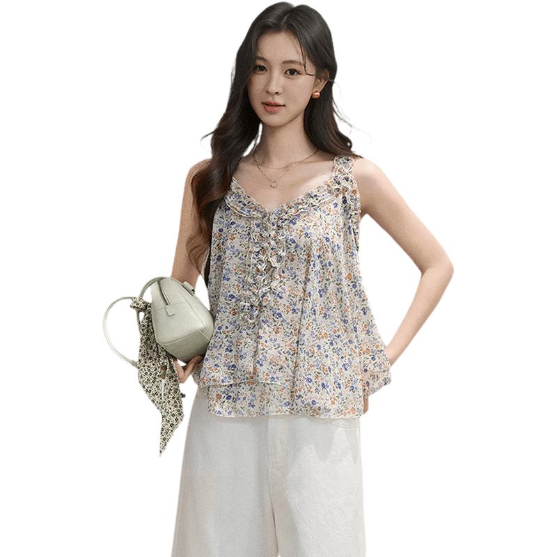Women s Floral Ruffle Vacation Tank Top S