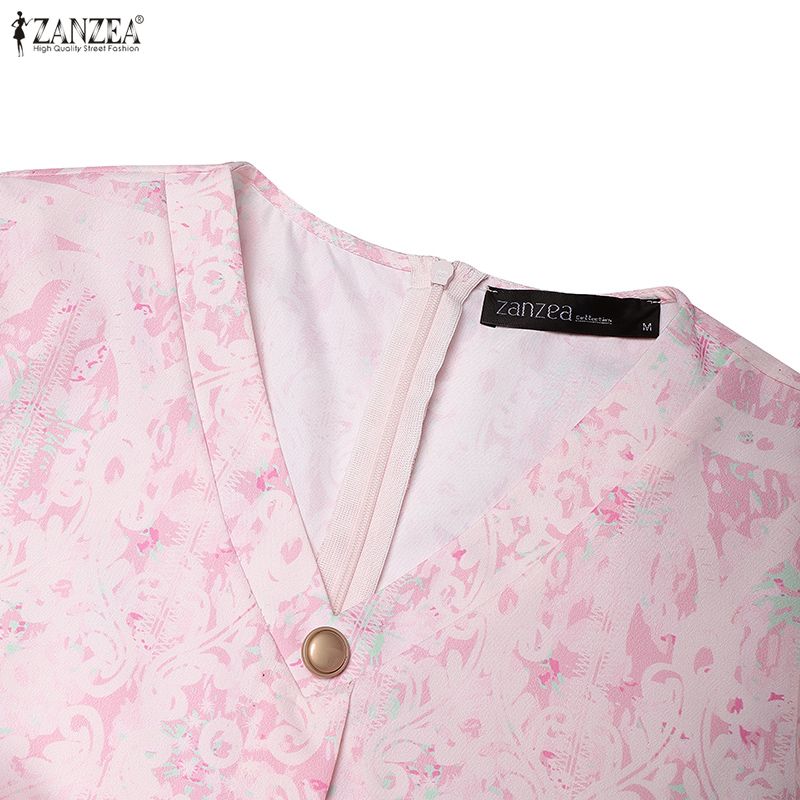 ZANZEA Women Elegant Print Casual V-Neck Summer Short Sleeve Dress