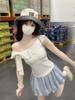 Korean Style Women's Ruffle Off-Shoulder Bow Cotton Top