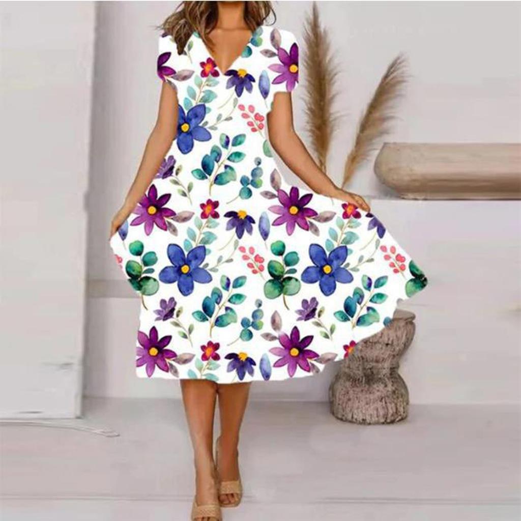 Women's Fashion A-Type V Neck Short Sleeve Floral Flower Print Loose Casual Dress