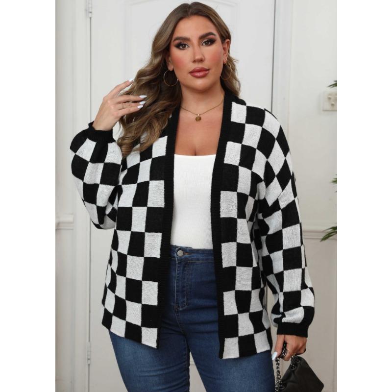Damen S Übergröße Schachbrettmuster Farbblock Locker gestrickter Cardigan