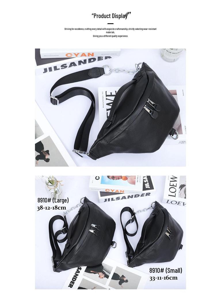 Korean Style Women's Leather Chest Bag: Large Capacity Cowhide Waist & Crossbody Bag with Trendy Chain