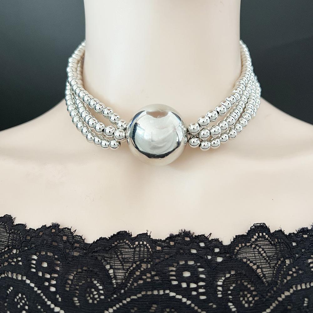 

European and American cross-border jewelry exaggerated multi-layer imitation pearl collarbone chain large round bead trend personalized retro