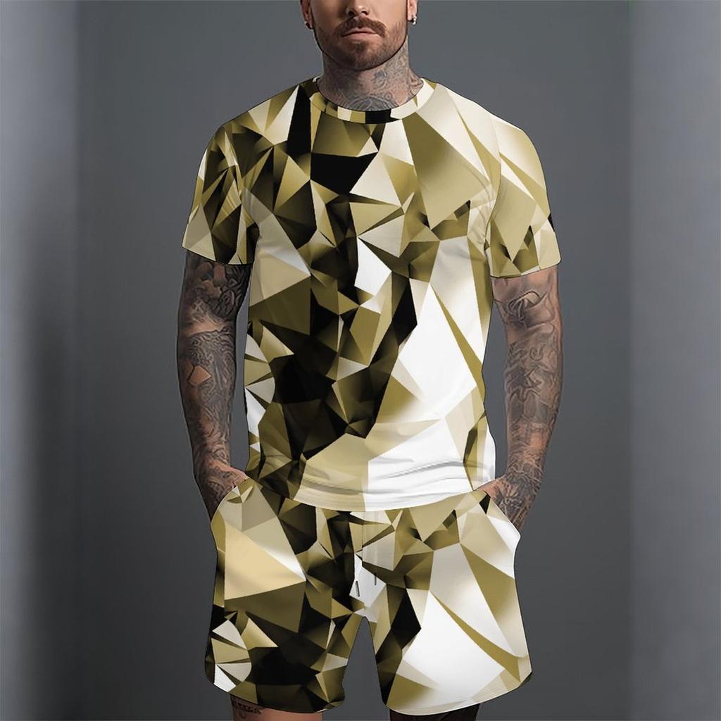 Men Gold White Geometric Triangle 3D Print Short Sleeve Tee And Matching Shorts Two Piece Outfit