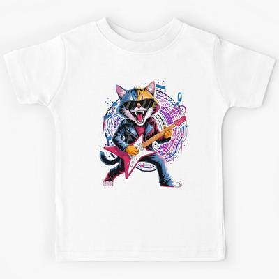 Retro Music Lover Heavy Electric Guitar Funny Rock Cat Kids T-Shirt