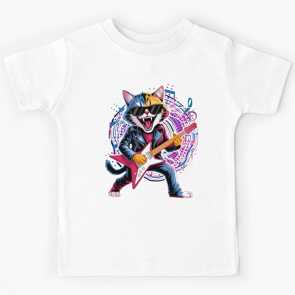 Retro Music Lover Heavy Electric Guitar Funny Rock Cat Kids T-Shirt 130