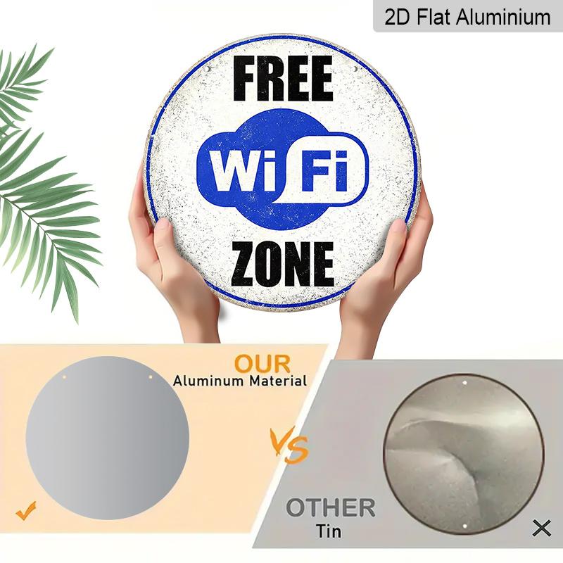 2D Flat, 1pc Round Aluminum Hanging Sign - "Free WiFi Zone" Vintage Metal Wall Art, Retro Blue & White WiFi Symbol Design, "Wireless Internet