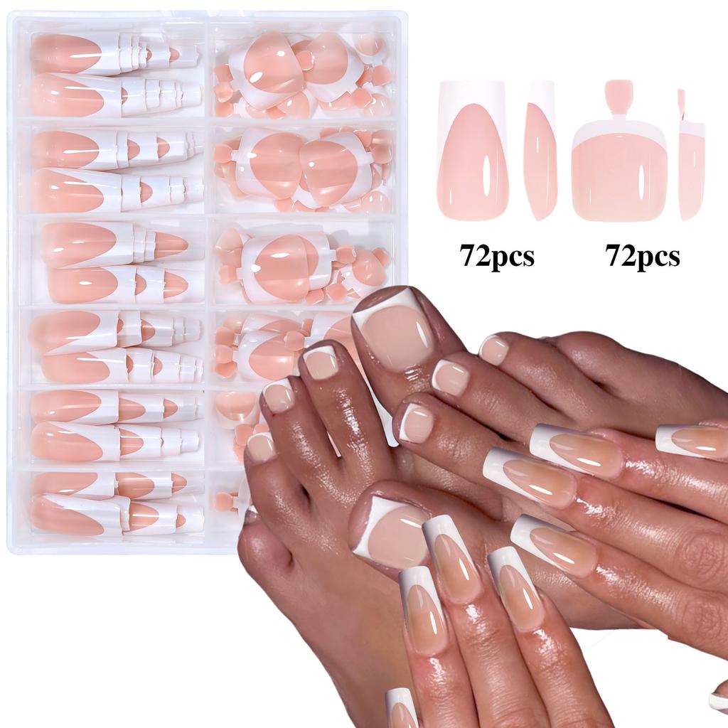 144pcs French Black Pink Hand&Foot WearIng Nail Set Short Square False Nails Press On Acrylic Full Cover Convenient Nail Art