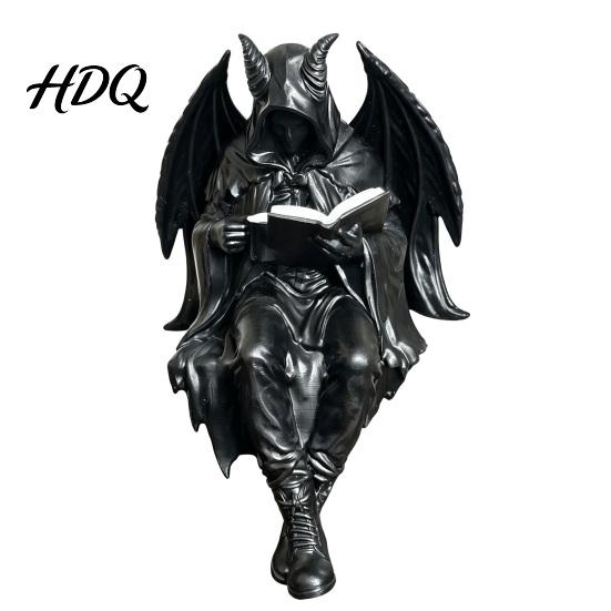Dark Eye-catching Figurine Gothic Fantasy Reading Figurine Mystery Hooded Figure Sculpture Compact Statue Resin Sitting Grim Reaper for Bookshelf,