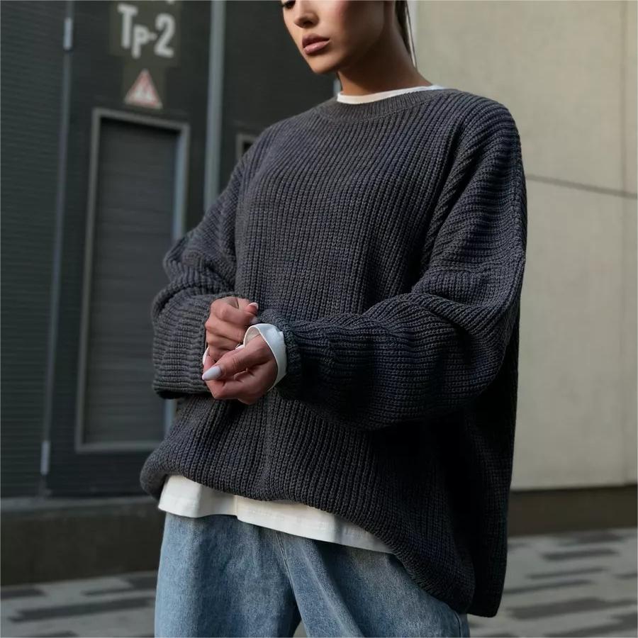 Women's Autumn and Winter Solid Colour Round Neck Loose Knitted Pullover Sweater