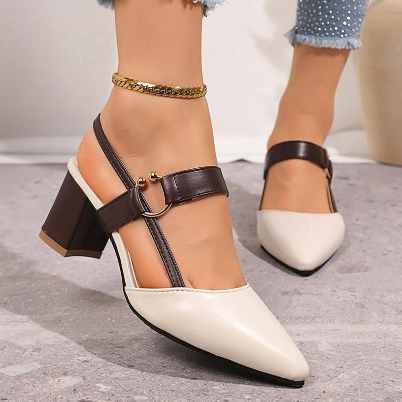 Fashion Elegant Pointed Toe Chunky Heel Sandals Women Summer Slingback High Heels Pumps Woman Fashion Thick Heeled Party Dress Sandalias