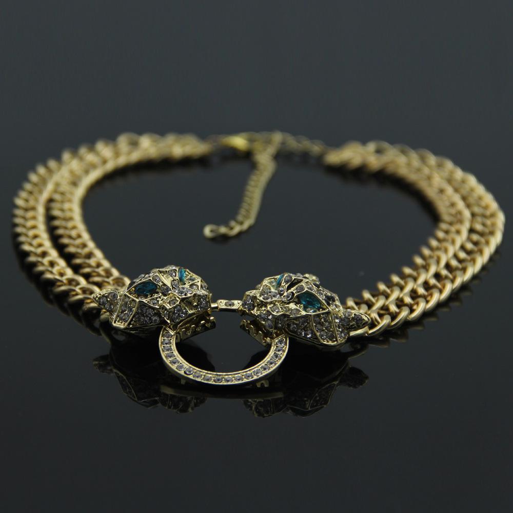 Colier de modă europeană și americană, cu cap de leopard, colier cu pandantiv cu diamante, pentru damă, lanț scurt de claviculă