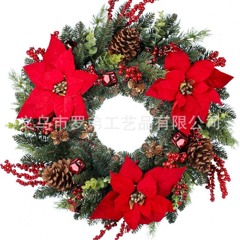 Christmas Decorations Set: LED String Lights Red Poinsettia Flowers Wreath Door Hanging Home Festive Interior