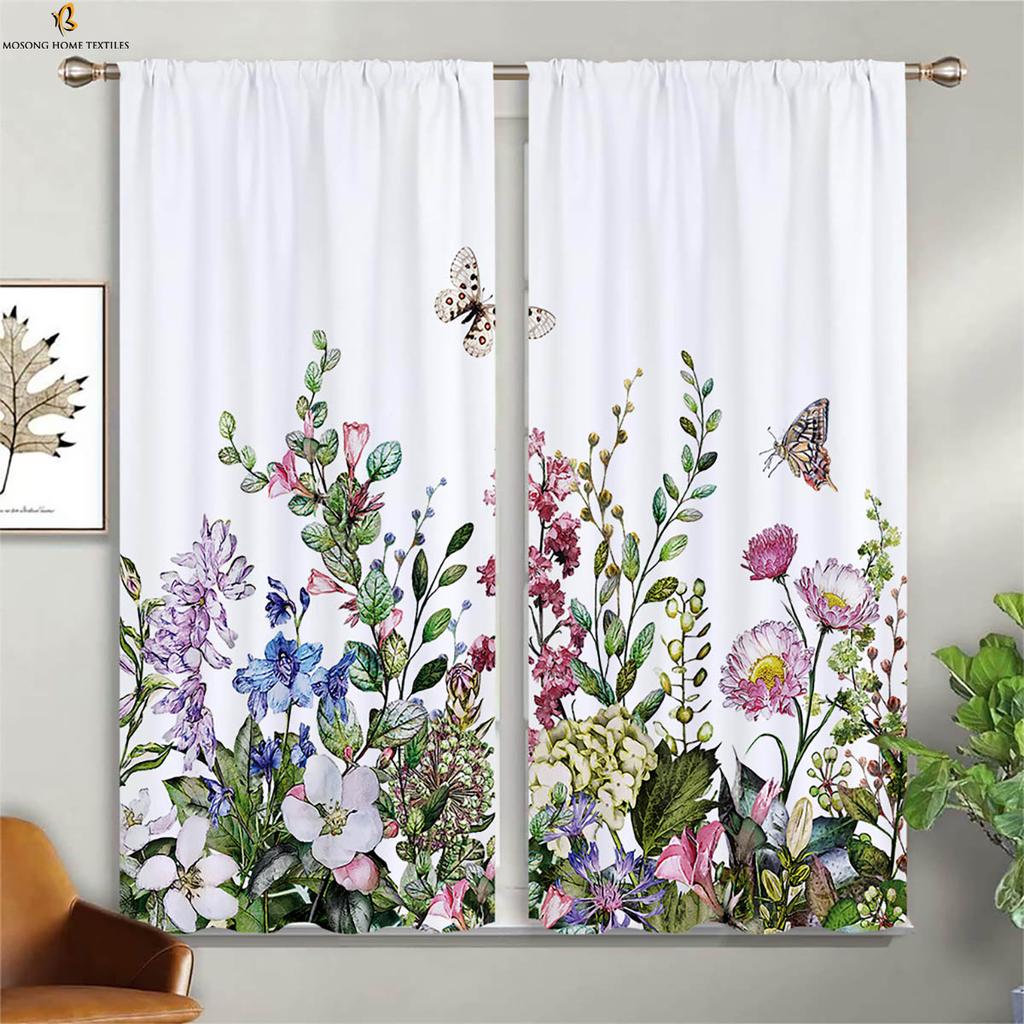 Floral Butterfly 3D Printed Curtain Rod Pocket Bedroom Living Room Kitchen Window Curtain Home Decor 2 Pieces