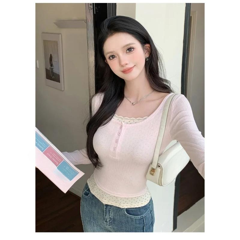 Camiseta de Manga Larga para Mujer Primavera y Otoño Estilo Francés Ajustada Ropa de Mujer con Falso Dos Encaje Y2k