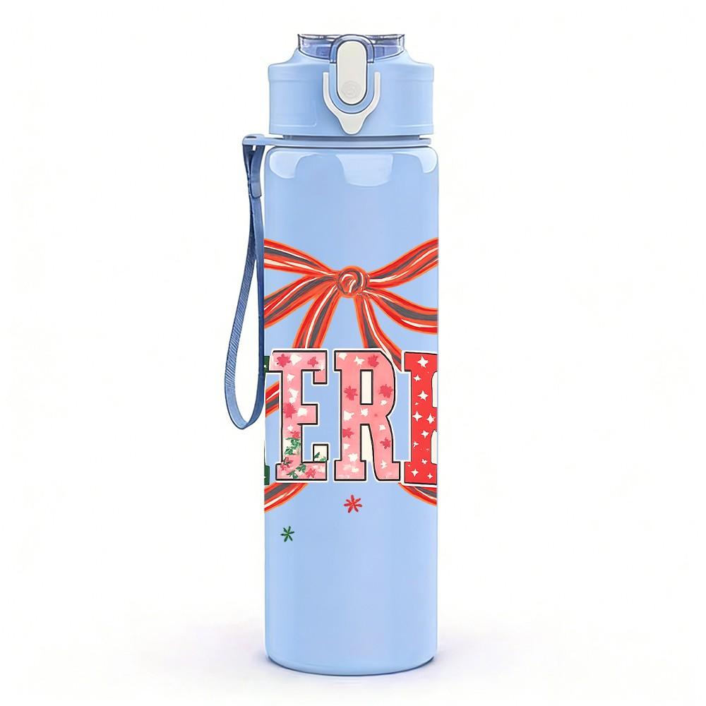 1PC Merry Red Bow Letter Print 750ml Color Plastic Sports Water Bottle Leakproof Flip Straw Lid Suitable for Sports Office Home Use