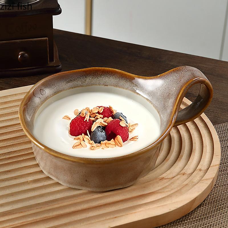 Kiln Transformed Ceramics Breakfast Bowl Single Ear Salad Bowls Fruit Plate Dessert Bowl Noodle Bowls Soup Plate Yogurt Cup Dish