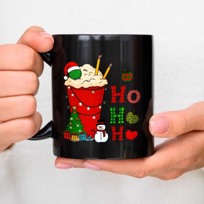 Christmas black festive mug with snowman, tree and hoho ho design for the festive season чёрный