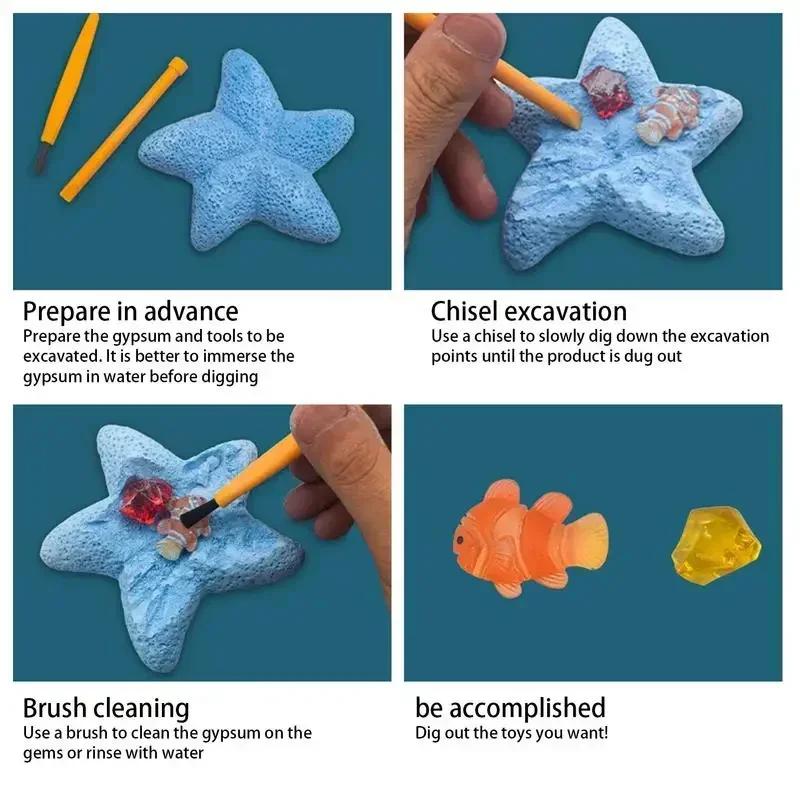 Dinosaur Fossil & Gemstone Excavation Kit - Archaeological Puzzle Toy with Starfish Marine Life 12 Real Gemstones Included