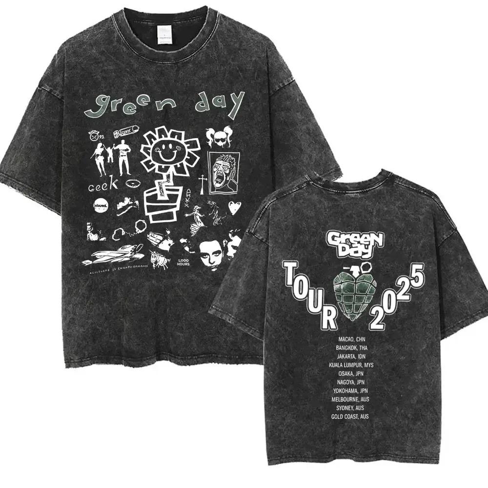 Oversized Acid-Wash Short-Sleeve T-Shirt Featuring Green Day "The American Dream Is Killing Me" Double-Sided Slogan Graphic Print