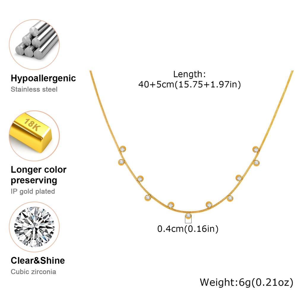 Dainty Round Snake Chain White Zircon Necklace,Gold Plated Women's Stainless Steel Necklaces,Fashion Charm Jewelry Gifts