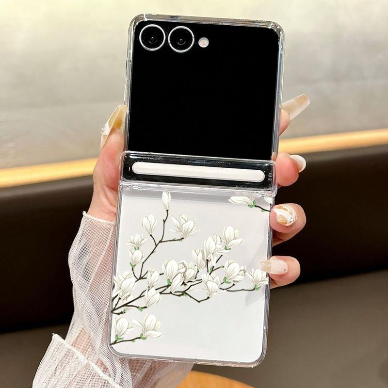 Blumenbedruckte magnetische durchsichtige Handyhülle für Samsung Galaxy Z Flip7 FE Flip6 Flip5 Flip7 6 5 faltbare transparente harte PC-Abdeckung
