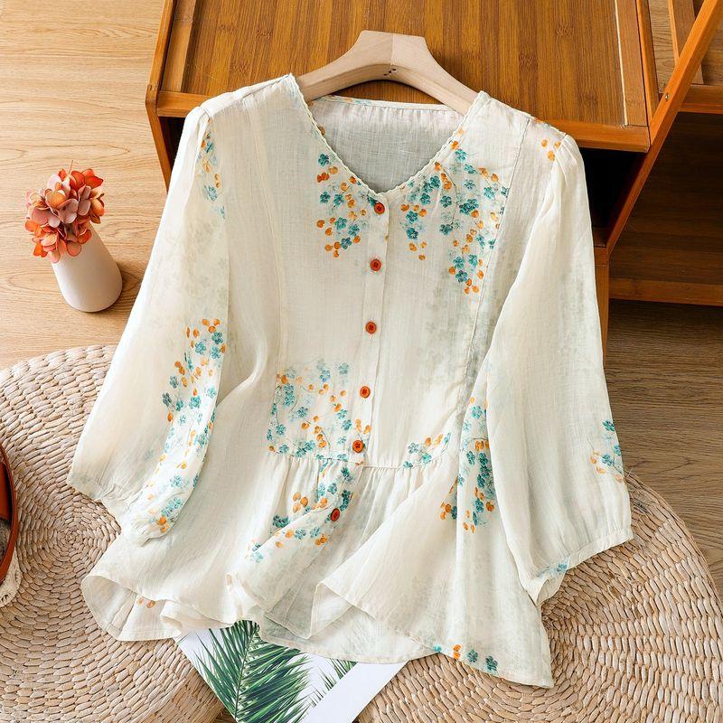 

Ретро Художественный Гонконгский Стиль Лето Новое Поступление Мода Повседневный V-образный вырез Вышивка Однобортный Короткий Рукав Темперамент Рубашка Топы Женские Red button dots of flowers(Figure) 3XL(Plus size)