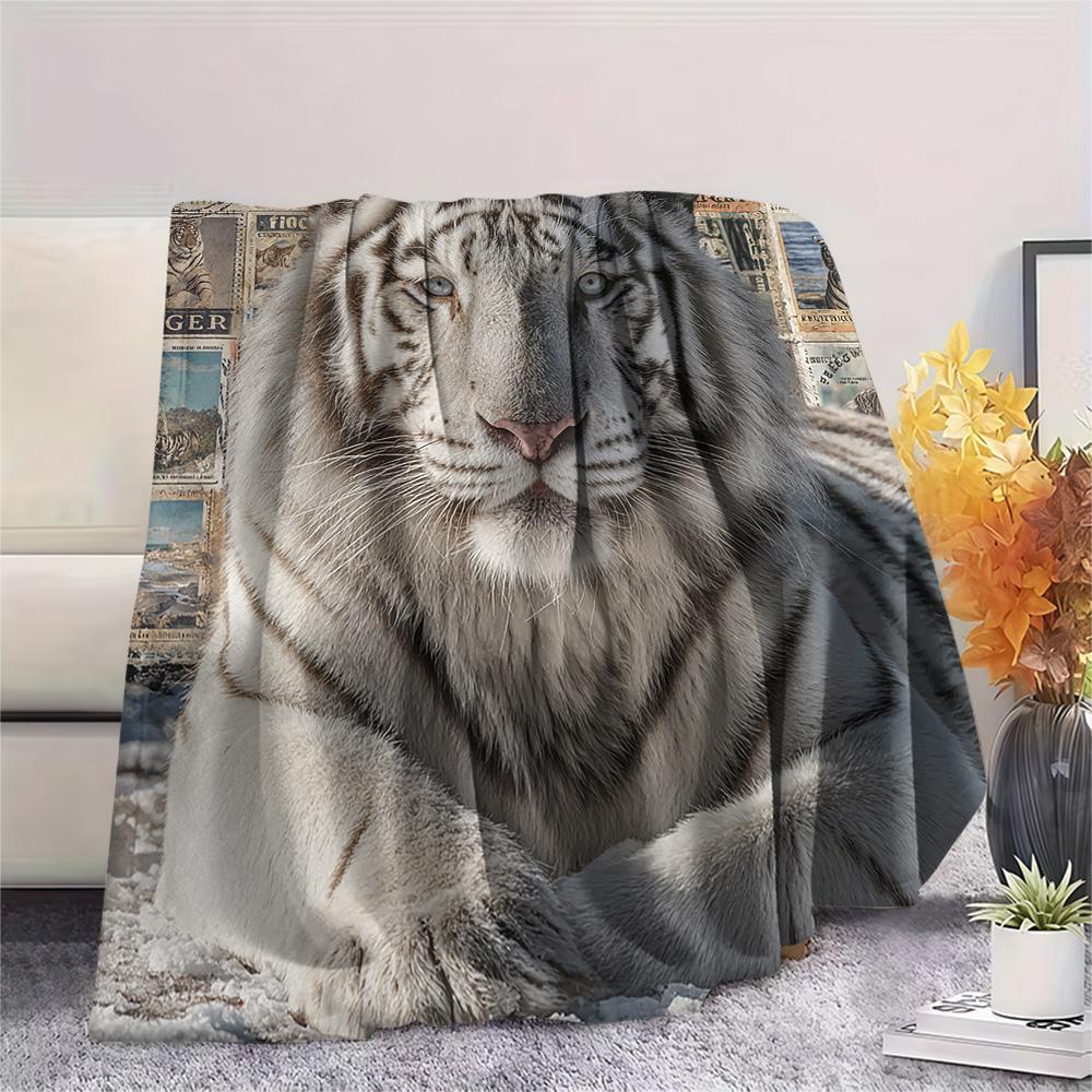 White Tiger Print Flannel Blanket, High Quality Comfortable for All Seasons, Home Decor, Warmth and Comfort, Perfect for Christmas Gifts