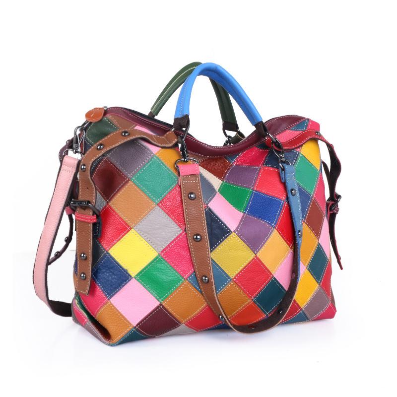 Women'S Bag Large Bag Sheepskin Colorful Portable Shoulder Messenger Bag Splicing Contrasting Color Tote Bag
