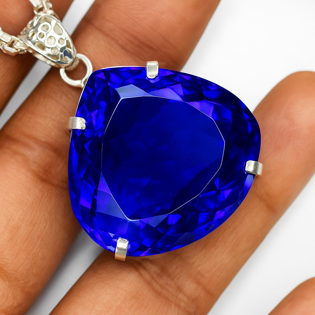

113.3 Ct CERTIFIED Quality Blue Sapphire 925 Sterling Silver Flawless Pendant AI-78-NS 29.4 mm Approx.