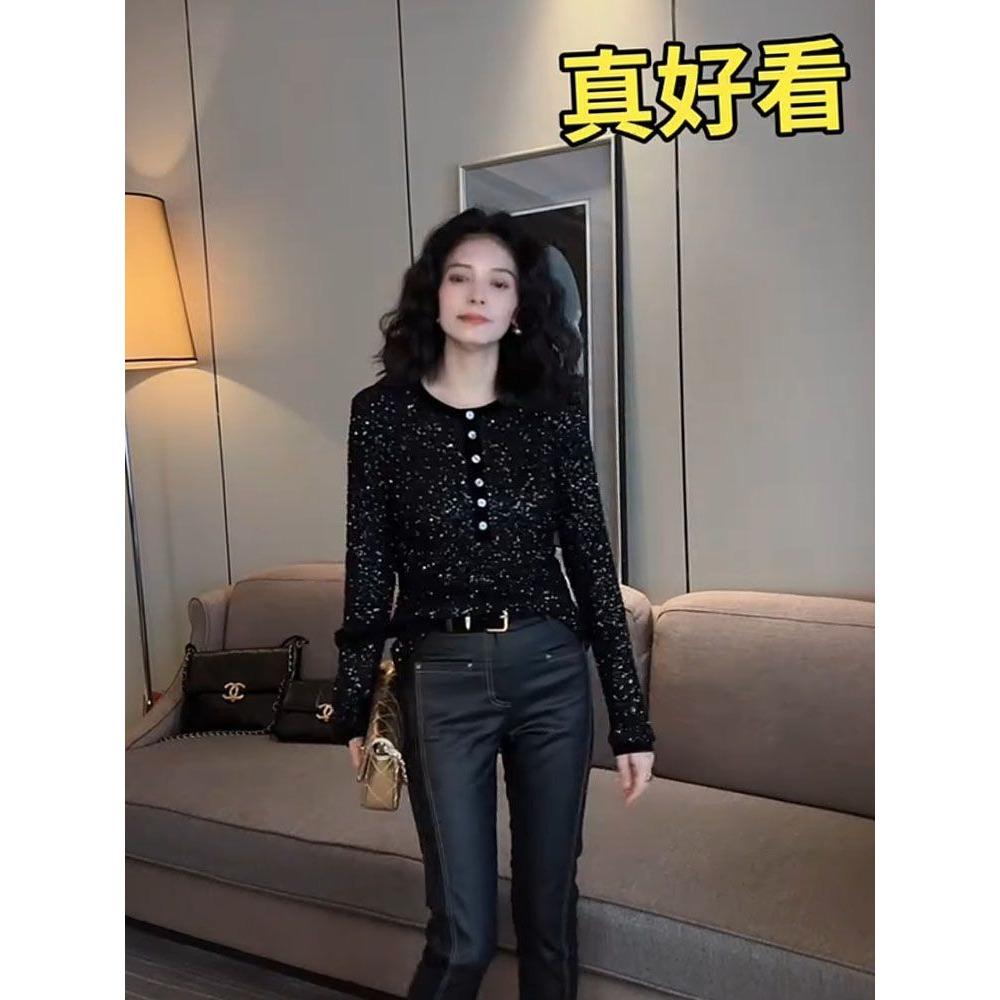 French Sequin Round Neck Black Shirt for Women Early Spring New Long-sleeved Slim Pullover
