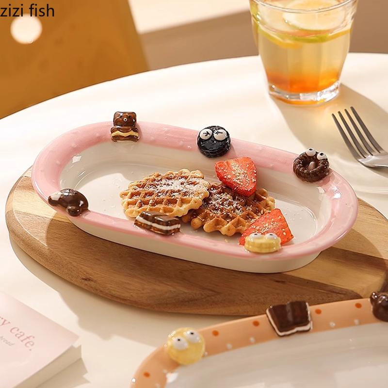Relief Biscuit Dessert Plate Dim Sum Dish Ceramic Hand-painted Underglaze Color Bread Dish Salad Fruit Dish Ceramic Dining Plate