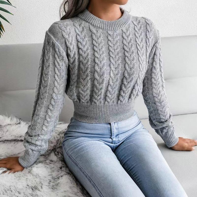 Autumn and Winter Crew Neck Pullover Women Short Sweater Slim Fit Fashion Twist Bottoming Knitted Top Solid Color Long Sleeve Casual Simple Clothing