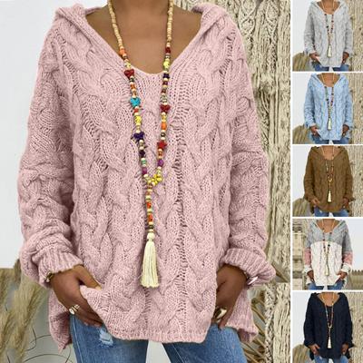 Damenpullover mit Kapuze, langen Ärmeln, gedrehte Textur, übergroßer Pullover, einfarbig, lockere Passform, gerippte Bündchen, Strickoberteile
