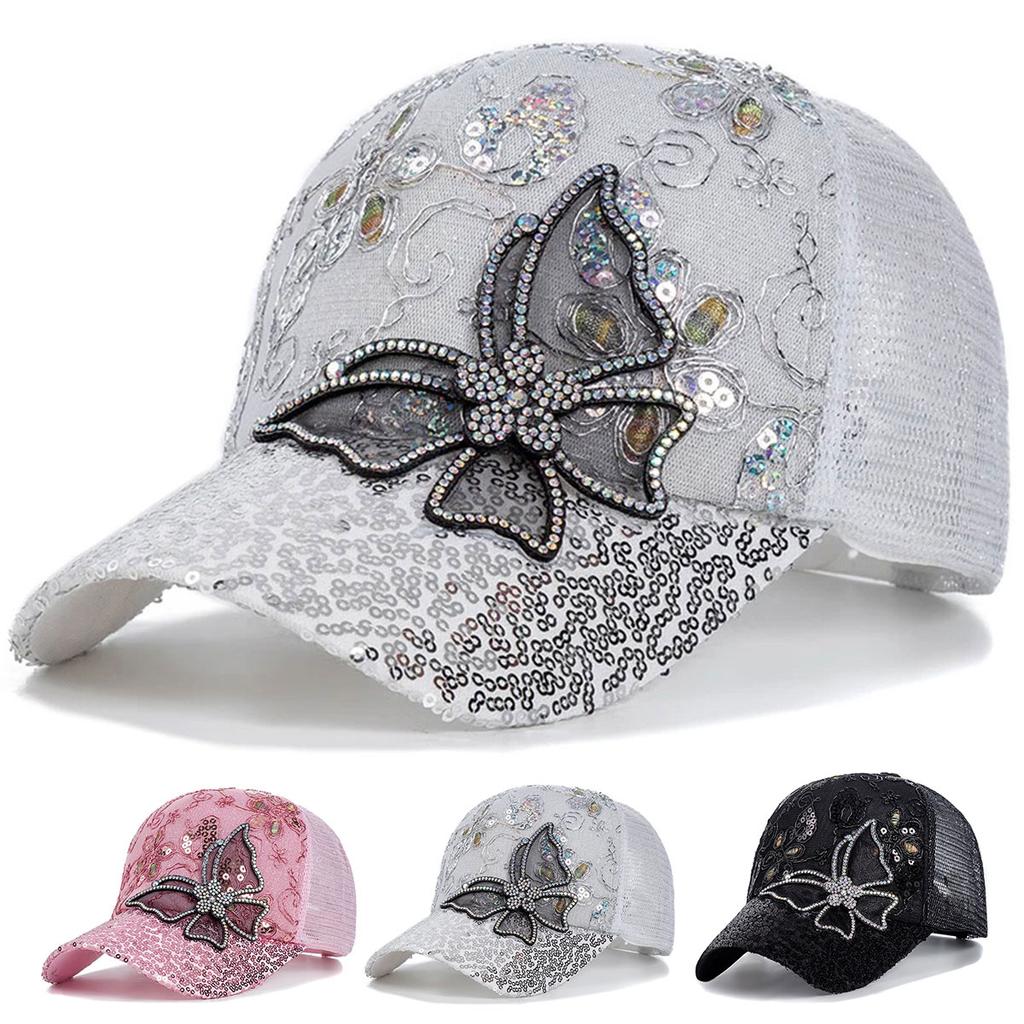 Unisex Butterfly Lace Glitter Baseball Net Caps Spring And Summer Outdoor Adjustable Casual Hats Sunscreen Hat