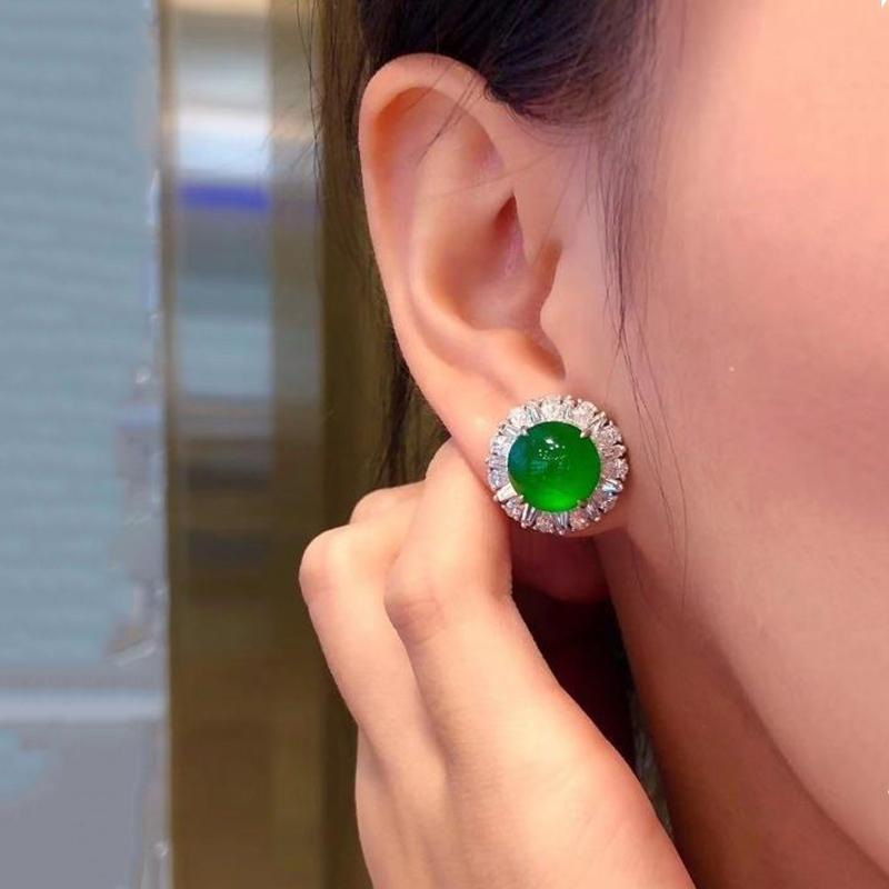 New Inlaid Natural Hetian Full Green Chalcedony Round Flower Large Earrings Luxury Exaggerated Retro  Jewelry