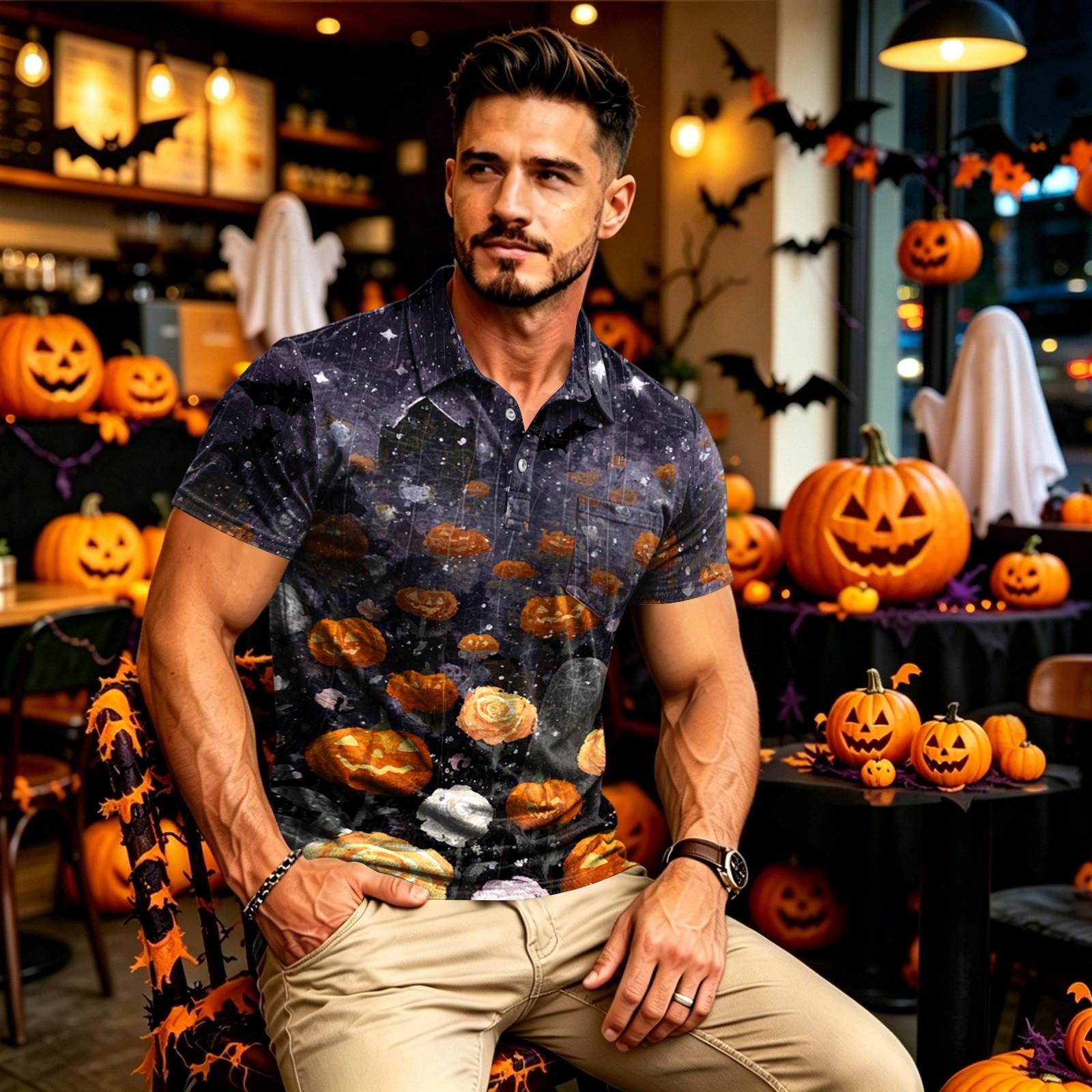 Men s Casual Long Sleeve Quick-Dry Golf Shirt with Pocket Halloween Print L