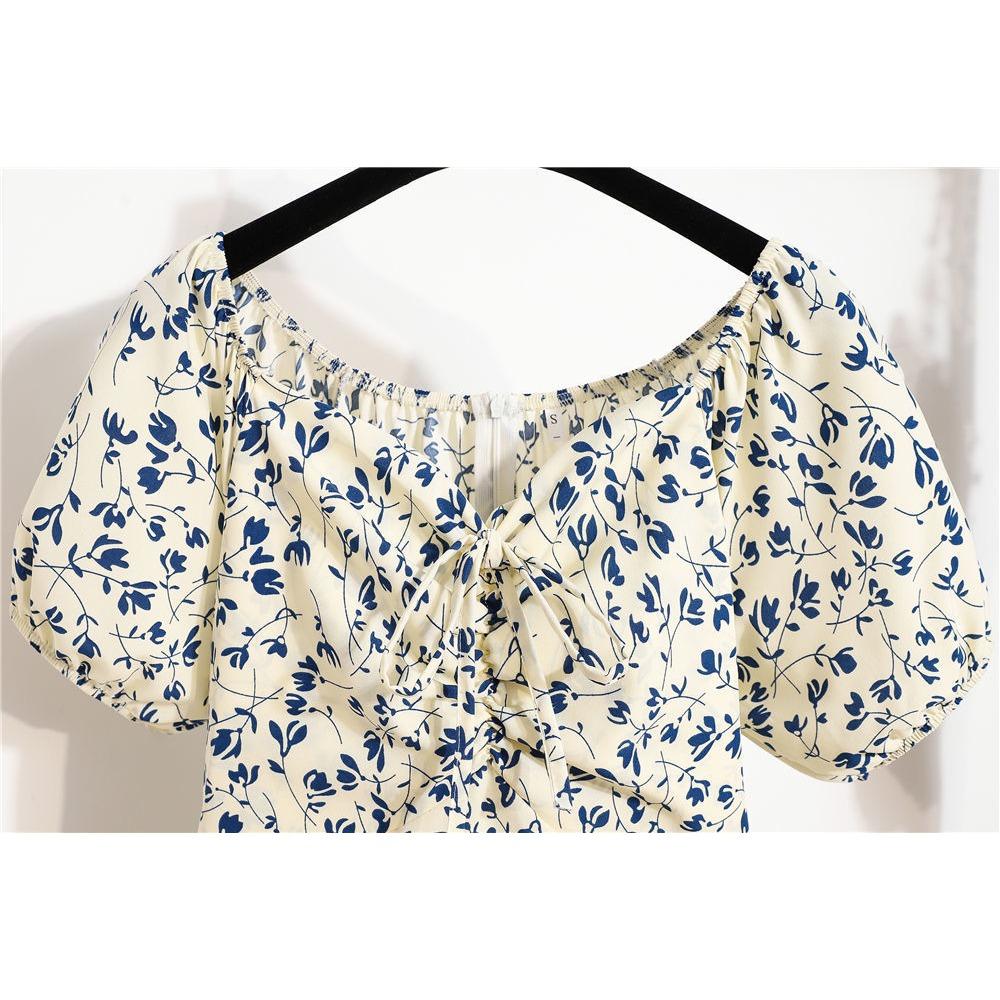 Abiti casual a vita alta con scollo a V a maniche corte con stampa floreale primavera estate moda donna