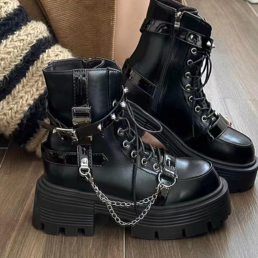 Fashion Black Height Increase Women's Ankle Boots Spring Autumn Platform Female Short Shoes Punk Style Round Toe with Laces Booties Sale