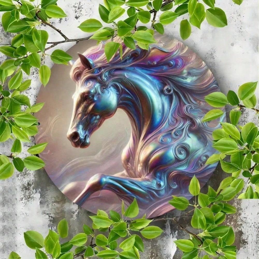 Glow Horse Round Metal Wall Art Sign Plaque Iron Home Garden Decor Outdoor Indoor Hanging Tin Sign Housewarming Gift
