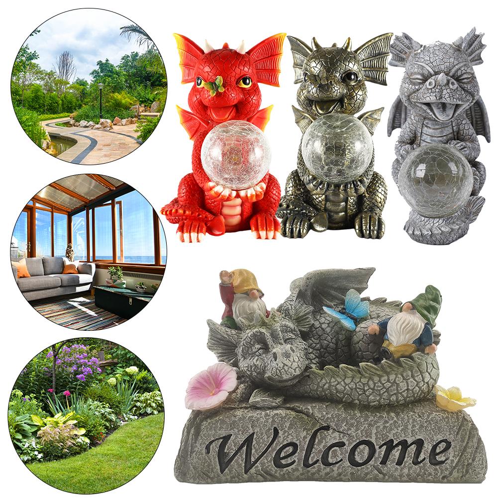 Resin Dragon Figurine with Solar Crackle Globe Light Dragon Garden Sculpture Cute Dragon Statue for Garden Patio Yard Lawn Porch