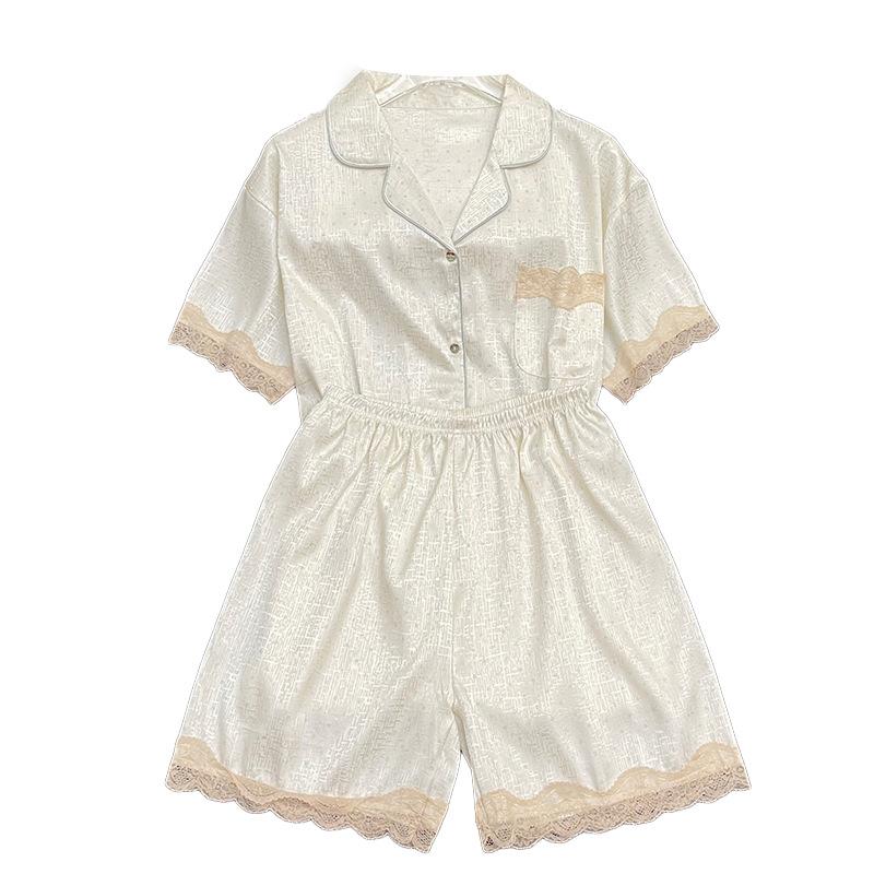 Striped High-End Thousand Bird Grid Pajamas, Women Can Wear Imitation Silk Short-Sleeved Two-Piece Loungewear