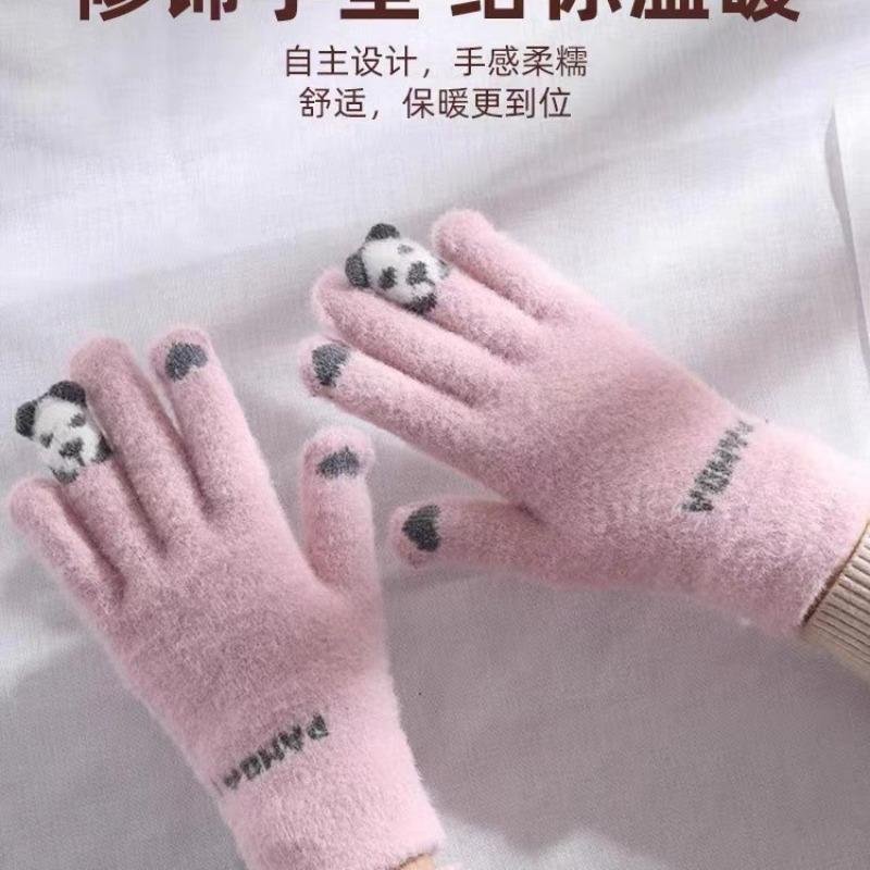 Niedliche Plüschhandschuhe für Damen, verdickt, um im Winter warm zu halten, Touchscreen-Strickwolle zum Radfahren, kältefest für Schülerinnen im Winter