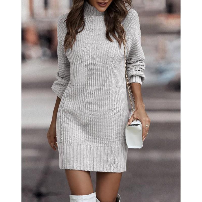 Damen Hochhals Langarm Einfarbig Strick Pulloverkleid Große Größen Bis 5XL Acryl Büro Chic Herbst Winter
