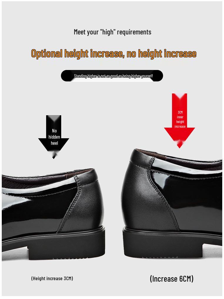 Men's Formal Leather Shoes with Height Increase - Genuine Shiny Cowhide for Business & Weddings