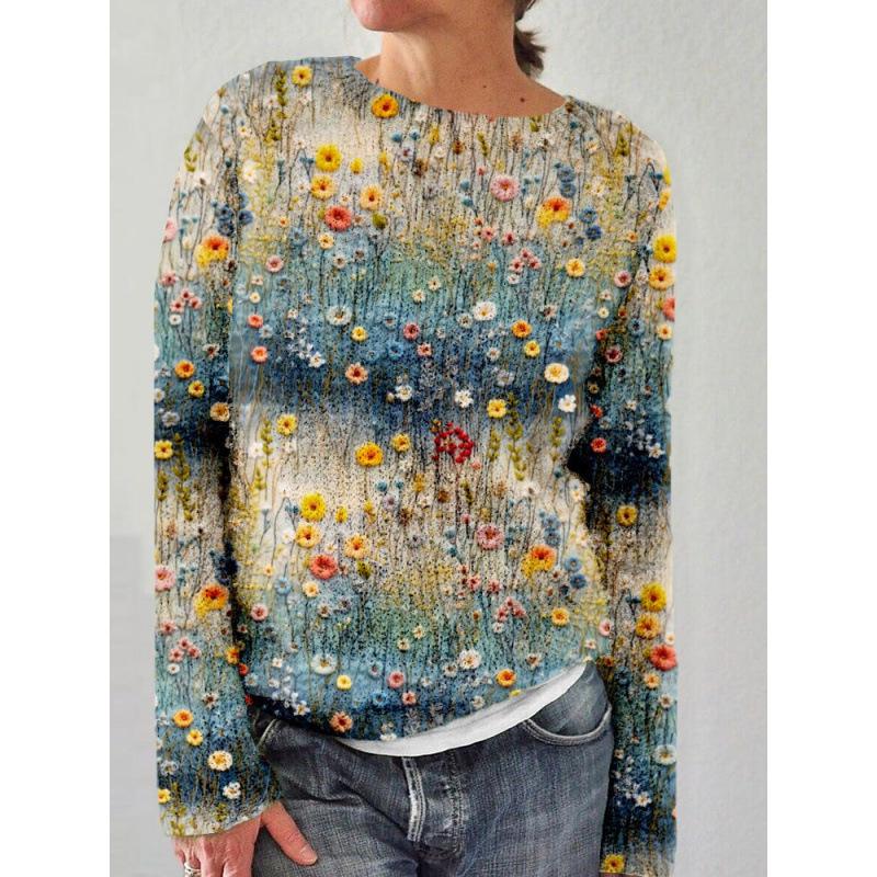 Spot 3D Printed Women's Floral Pattern Pullover Hoodie Without Hat Casual Loose Long Sleeved Top