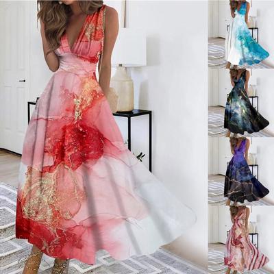 Damska długa sukienka Maxi Sukienka Casual Dress Letnia swobodna sukienka bez rękawów z dekoltem w szpic Boho z obniżoną talią i nadrukiem