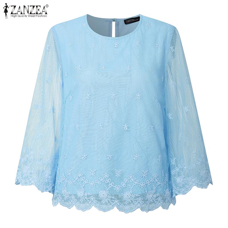 ZANZEA Womens Casual Embroidery Lace Patchwork Loose 3/4 Sleeve Blouse